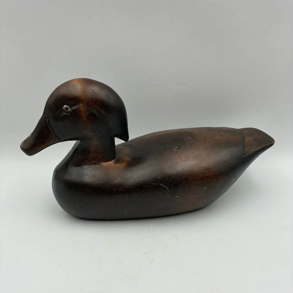 Vintage Hand Carved Solid Wood Duck Decoy Dark Stain Rustic Cabin Decor 11.5in